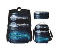 Kfjghhl Trousse à crayons pleine lune et nuages brumeux avec turquoise - Sac à dos à déjeuner - Sac à dos pour garçons et filles - Sac à dos d'écolier - Ensemble pour ordinateur portable