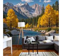 kfjhgbdshhj Fresque murale effet 3D représentant un paysage naturel - Montagnes jaunes et bleues, arbres et rivières - Poster en tissu de soie, salon ou chambre, 250 cm x 175 cm