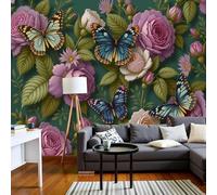 kfjhgbdshhj Fresque murale effet 3D - Roses vertes, papillons et feuilles, en tissu de soie, papier peint pour salon ou chambre, 200 cm x 140 cm