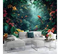 kfjhgbdshhj Papier peint intissé effet 3D - Motif forêt tropicale fantastique - Fleurs exotiques et perroquets - Idéal pour un salon ou comme fond d'écran TV, 430 cm x 300 cm