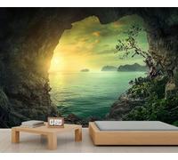 kfjhgbdshhj Papier peint mural paysage de grotte marine, océan et lever/coucher de soleil, style Art déco, paysage naturel, pour chambre ou salon, 150 cm x 105 cm