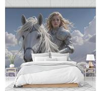 kfjhgbdshhj Papier peint photo 3D à motif de cheval blanc et de chevalier, décoration murale pour chambre d'enfant (garçons et filles), salon, bureau, couloir, bleu et blanc, 300 cm x 210 cm
