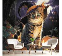 kfjhgbdshhj Papier peint photo Chat d'Halloween - Papier peint en soie - Fresque murale violette - Papier peint photo animalier mystérieux - Décoration murale pour chambre ou salon, 250 cm x 175 cm