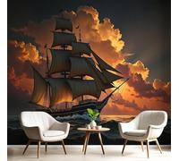 kfjhgbdshhj Papier peint photo en soie - Vagues et voiliers - Bronze - Paysage de coucher de soleil - Tableau artistique pour chambre ou salon, 400 cm x 280 cm