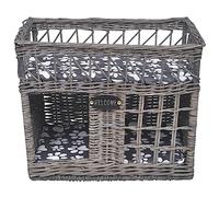 KFPOERTFGD Niche pour chat en osier gris avec coussin, niche pour chats et chiens, lit pour chat tressé, panier pour chat avec panneau de bienvenue, 46 x 32 x 36 cm