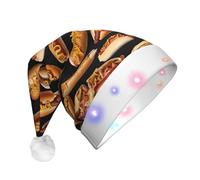 KFRXXZQB Fun Food Hot Dogs - Chapeau de Noël en peluche pour adulte avec lumières LED - Chapeau de Père Noël lumineux pour fêtes, événements - Design doux et lavable pour les fêtes de fin d'année, les