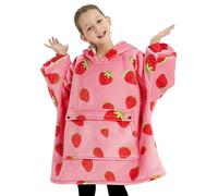 KFUBUO Plaid à manches surdimensionné avec capuche pour enfant, doublure sherpa, avec poche et motifs, pour petite fille de 6 à 10 ans, idée cadeau (fraise)