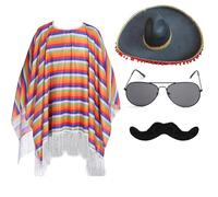 [Kfwfuaee] Ensemble de déguisement de fête sur le thème mexicain pour enfants et adultes Poncho, cape, ombrero, chapeau, maraca et moustache