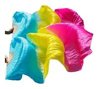 KFXYSM Fan Veil Soie LéGer,Eventail Voile Belly Dance Silk Ventilateurs Soie teintée à la Main 1 Paire de Ventilateurs Danse du Ventre Noir + Orange Rouge + Jaune(Ivory)