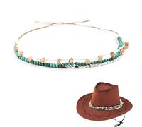 KGCGJVB Bandeau de chapeau de cowboy pour femme avec perles turquoise avec ruban pour chapeaux de paille, accessoires décoratifs de style occidental pour tenues de cowgirl, taille réglable avec perles