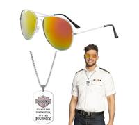 KGDUYC 2 pcs Costumes de Capitaine de Pilote Collier de Plaque Militaire Lunettes de Soleil Pilote Collier en Métal Argenté Lunettes d'Aviateur Accessoires de Fête de Jeu de Rôle en Tenue Militaire