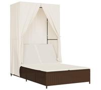 KGFHERENB Chaise longue double avec toit marron en polyrotin | Île de soleil réglable pour 2 personnes avec rideaux, auvent et coussins rembourrés épais pour jardin et terrasse.