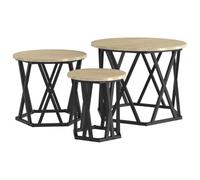 KGFHERENB Lot de 3 tables d'appoint rondes aspect chêne Sonoma | Tables basses peu encombrantes en bois et acier, idéales pour la décoration et les collations dans le salon.
