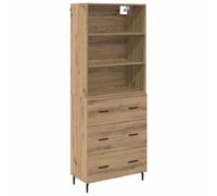 KGFHERENB Table haute en chêne Artisan - 69,5 x 34 x 180 cm | Élégante vitrine pour salon et salle à manger avec éléments en verre, boutons en fer et beaucoup d'espace de rangement.