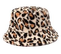KGM Chapeau de pêcheur en fausse fourrure avec imprimé léopard - Chapeau d'été d'hiver, crème, Taille unique