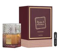 Khamrah Dukhan Eau de parfum 100 ml, parfum arabe unisexe de longue durée, avec atomiseur rechargeable, parfum fumé et épicé avec notes de tabac, d'ambre et de praline (Dukhan)