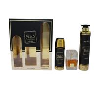 Khamrah Lattafa Coffret Cadeau, Eau de Parfum 100ml, Spray Parfumé et Désodorisant d'Ambiance 300ml, Collection Luxe, Noir et Or