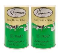 Khanum Graisse Butyrique Pure Ghee 2 x 1kg - Graisse butyrique de haute qualité pour friture, cuisson et pâtisserie | Parfait pour la friture, point de fumée élevé, sans additifs avec autocollant