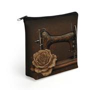 KHAUERBC Trousse de maquillage légère avec fermeture éclair pour adulte Motif roses et machine à coudre