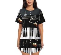 Khdklxohz Ensemble de pyjama à motif guitare piano pour femme - Ensemble de pyjama à manches courtes, vêtements de nuit confortables, col rond, vêtements de nuit tendance avec poches, ensemble pyjama