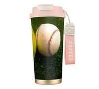 KHDKLXOHZ Tasse de voyage isotherme à double paroi sous vide en acier inoxydable avec couvercle anti-fuite et paille - Motif balle de baseball et softball - Pour boissons chaudes et froides - 500 ml