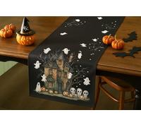 khevga Chemin de table d'Halloween maison hantée - Chemin de table noir avec fantômes et citrouilles - Décoration pour fête d'Halloween, table à manger et table de fête
