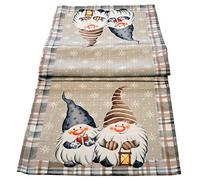 khevga Chemin de table - Lutin de Noël - 140 x 40 cm - Beige - Chemin de table avec motif lutin - Décoration de table festive pour l'Avent, la table à manger et l'hiver