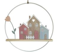 Khevga Couronne de porte Maisons - Décoration de fenêtre et couronne de porte toute l'année - 30 cm de diamètre - Charmante décoration de porte en métal et bois, idéale pour la cuisine et la porte