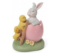 khevga Décoration de Pâques en polyrésine - Lapin avec poussins sur socle - Jolie décoration printanière en blanc/rose - Environ 10,5 × 8,5 × 13,5 cm - Figurine de lapin peinte à la main avec motif