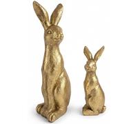 khevga Lot de 2 lapins décoratifs dorés - Figurines de décoration de Pâques en polyrésine - Lapins brillants - Décoration de table moderne - 22 cm et 13 cm de haut