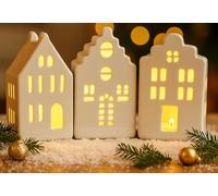 Khevga Lot de 3 maisons LED avec minuteur - Blanc en céramique - Décoration d'hiver, village de Noël, rebord de fenêtre, étagère et table