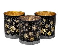 khevga Lot de 3 photophores de Noël et d'hiver en verre noir, blanc, or, argent (bleu_noir_flocon de neige)