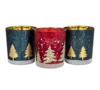 khevga Lot de 3 photophores de Noël et d'hiver en verre noir, blanc, or, argent (sapin bleu-rouge)