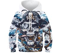 KHHKJBVCE Sweat À Capuche Fantaisie pour Enfants Pirate Skull Sweat-Shirt Imprimé 3D Haut Unisexe Pull Décontracté 7-9Y