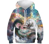 KHHKJBVCE Tiger and Dragon Sweat À Capuche 3D pour Garçons Et Filles, Pull Amusant À Manches Longues, Confortable, pour Loisirs, avec Poche 8-10Y
