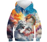 KHHKJBVCE Tiger and Dragon Sweats À Capuche pour Enfants 3D Sweats À Capuche Unisexes Roman Mignon Motif Imprimé Graphique Sweats À Capuche Sweat-Shirt De Loisirs Confortable avec Poches 10-12Y
