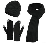 KHIronHive Ensemble écharpe d'hiver en laine mélangée avec doublure polaire | Tricot de laine épaisse, doublure intérieure en polaire, bloque le vent froid, ensemble de 3 pièces, classique, noir, gris