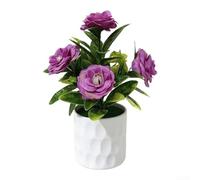 KHIronHive Fleurs artificielles à 5 têtes dans un pot blanc - Roses réalistes avec feuilles vertes - Sans entretien - Centre de table pour la maison, le bureau, le café, le bureau, la décoration de