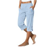 KHIRVWL Pantacourt Femme Été Léger Fluide Lin Pantalon 3/4 Taille Haute Élastique Coupe Droite avec Poches et Fente au Bas Corsaire Chic Baggy Confortable pour Les Vacances, la Plage et Les Loisirs