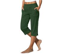 KHIRVWL Pantacourt Femme Été Léger Fluide Lin Pantalon 3/4 Taille Haute Élastique Coupe Droite avec Poches et Fente au Bas Corsaire Chic Baggy Confortable pour Les Vacances, la Plage et Les Loisirs