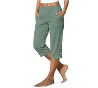 KHIRVWL Pantacourt Femme Été Léger Fluide Lin Pantalon 3/4 Taille Haute Élastique Coupe Droite avec Poches et Fente au Bas Corsaire Chic Baggy Confortable pour Les Vacances, la Plage et Les Loisirs