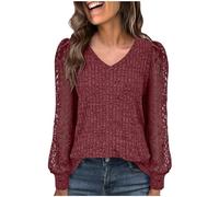 KHIRVWL Sweat Femme, Haut uni à Manches Longues et col V avec Coutures en Dentelle Élégant et Tendance ce Sweat-Shirt Polyvalent Convient à Toutes Les Occasions