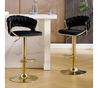 KHISCHMO Tabourets de Bar Modernes en Velours Lot de 2, Tabourets de Bar Réglables en Hauteur, Tabourets de Cuisine Pivotants à 360°, Tabourets de Comptoir avec Dossier Tissé, Base en Métal, Noir