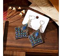 KHJH Boucles d'oreilles Pendantes,Boucle d'oreille Vintage Bohême Gitane Ethnique Antique Losange Gravé Cristal Mode Exquis Crochet De Poisson Percé Boucles d'oreilles pour Femmes Mariage Ca
