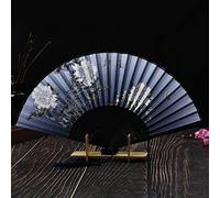 KHJH Éventail À Main, Éventail À Main Pliable Élégant Pivoine Éventails en Bambou Éventail Chinois Japonais avec Pompon Bleu Marine Éventail Pliant en Soie Fait À La Main pour La Décoration De