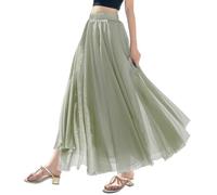 KHJH Femme Jupe, Jupes en Mousseline De Soie Décontractée Fluide Vert Sauge Maxi Jupe Plissée avec Taille Élastique Mode Été Une Ligne Grande Jupe D'Orgue Froncée Balançoire pour Dacing Mariage P