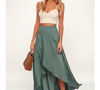 KHJH Sens du Design Jupe Haute Basse Sexy Vert Sauge Volants Irréguliers Ourlet Jupe Midi Taille Haute pour Les Femmes Jupe A-Ligne Chic Mariage D'Été Jupe De Vacances À La Plage, S