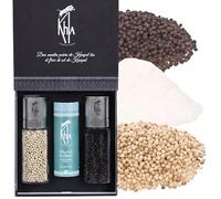 Khla - Coffret Moulins Poivres & Sel de Kampot - Coffret Cadeau - Poivre Noir, Poivre Blanc & Fleur de Sel - Grands Crus Rares - Poivre du Monde - Moulins Rechargeables - Origine Cambodge