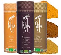 Khla - Coffret Trio de Currys Bio - Curry Jaune, Noir & Vert - Tubes Poudre 3x 100g - Coffret Idée Cadeau - Mélanges Exclusifs - Ingrédients Cuisine - Épice d’Asie - Origine Cambodge