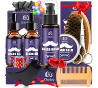 KHOLEZ Kit Barbe Homme,Kit Soins Barbe Homm,Coffret Barbe Homme avec Shampoing Barbe,Huile Barbe,Baume Barbe,Peigne Barbe,Brosse Barbe,Ciseaux,Peigne Barbe Pochoir,Sac,Coffret Barbe Cadeau Homme
